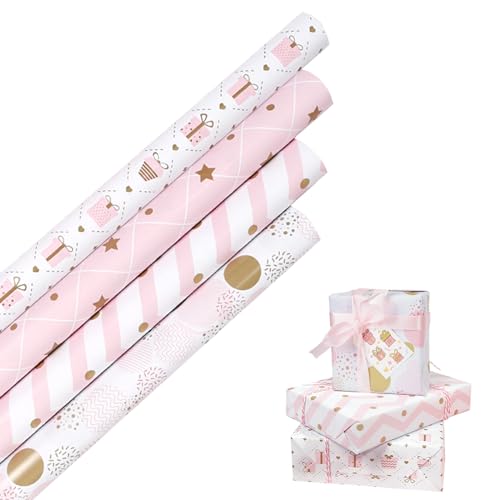 HBell Pink Wrapping Paper Rolls 4 Rolls Birthday Gift Wrap Paper Girls Gift Wrap 43cm x 3M for Mothers Day Easter Baby Shower Party Festive Decorations