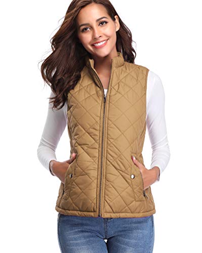 fuinloth Women's Padded Vest, Stand Collar Lightweight Zip Quilted Gilet Camel S