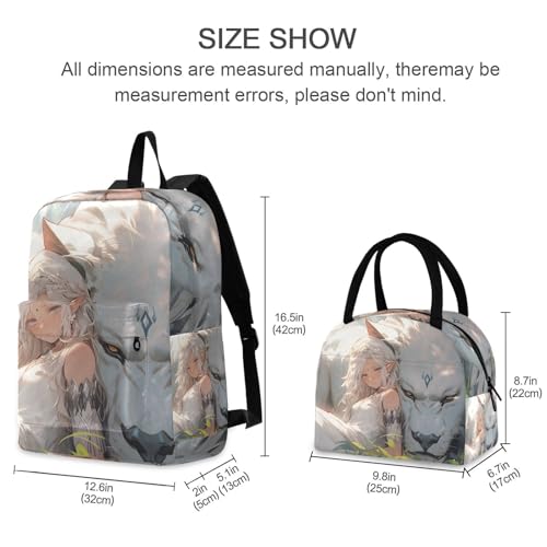 White Lion Lady Print Backpack Set with Lunch Bag, Large Capacity Travel Backpacks and Lunch Box Insulated for Commute Hiking Picnic2