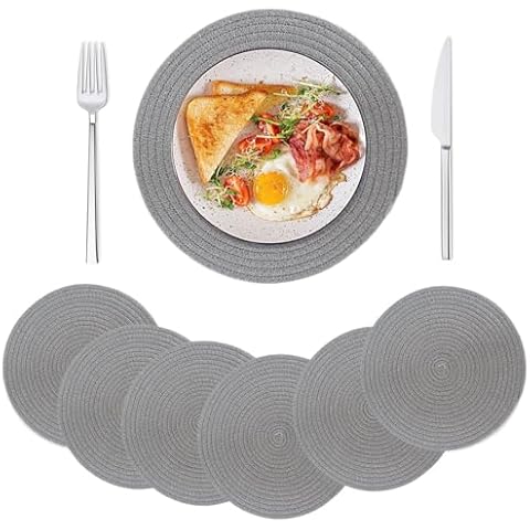 Luxury little Round Woven Placemats Set of 6, 13 Inches Table Place Mats for Dining Table, Hot Pads for Kitchen, Kitchen Essentials Trivets for Hot Dishes, Pots and Pans ﻿- Gray Cover