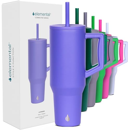 Image of Elemental Spill Proof 40oz Insulated Tumbler with Handle & Straw Travel Mug | Stainless Steel Commuter Travel Coffee Mug for Cold Beverages, Includes 2 Straws & a Spill Proof Lid for Everyday Use