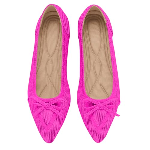 TINGRISE Women's Flats Pointed Toe Bow Knit Ballet Shoes Comfortable