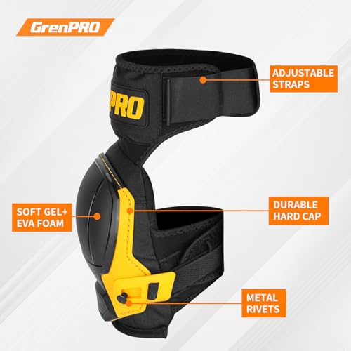 Image of GRENPRO Heavy Duty Knee Pads for Men, Gel Foam, TPR Shell, Construction | POM buckles, neoprene straps, 4-point fastening, metal rivets, 600D fabric, left-right fit, flooring, tiling, gardening
