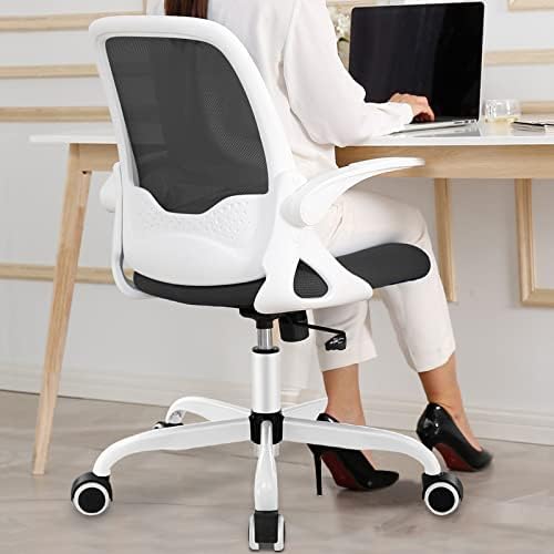 KERDOM Office Chair, Ergonomic Desk Chair, Breathable Mesh Computer Chair, Comfy Swivel Task Chair with Flip-up Armrests and Adjustable Height White