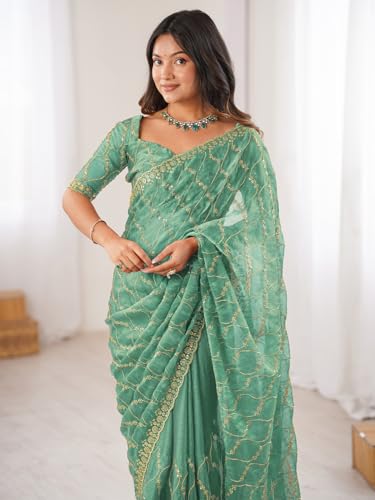 Image of AKHILAM Women's Shimmer Chiffon Heavy Sequence Embroidery Work Saree With Unstitched Blouse Piece (VT798A VM Parent)