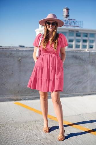 Image of ZESICA Women's Boho 2026 Summer Square Neck Puff Sleeve Off Shoulder Smocked Tiered Casual A Line Short Mini Dress