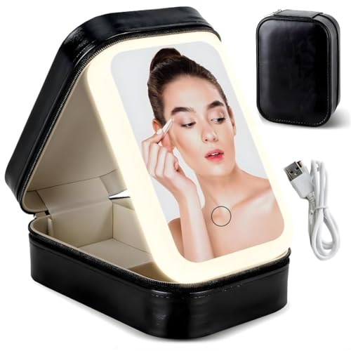 Image of Small Travel LED Makeup Mirror Case with 3 Adjustable Color Light Settings, Dust-Proof Jewelry Box, Mini Cosmetic Train Case Ideal for Short Trips, Cosmetic Bag with Mirror (Black)