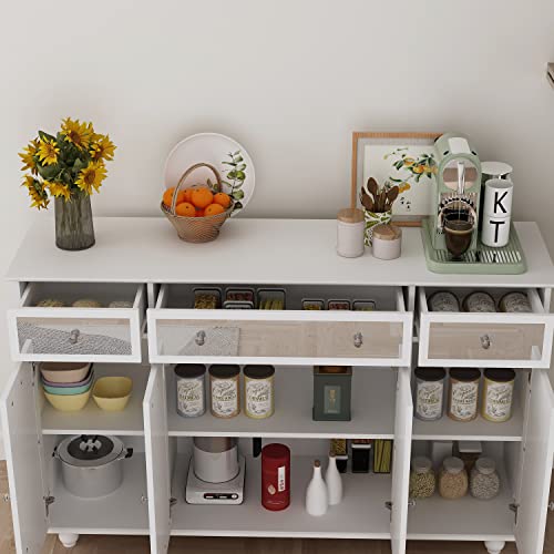 Homsee Buffet Sideboard Storage Cabinet With Mirror Doors, 3 Drawers & 6 Storage Compartments, Kitchen Cupboard Console Table For Hallway And Living Room, White (55.1”L X 15.7”W X 35.4”H) #TOP3