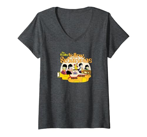 Image of Women's The Beatles - We All Live in A Yellow Submarine V-Neck T-Shirt, Dark Heather Grey, Large