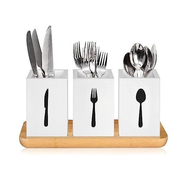 Anwelynd Silverware Caddy for Kithchen Countertop, Set of 3 Wooden Utensil Holder with Bamboo Tray, Farmhouse Silverware Organizer, Spoons, Knives and Forks Organizer, Silverware Holder for Party