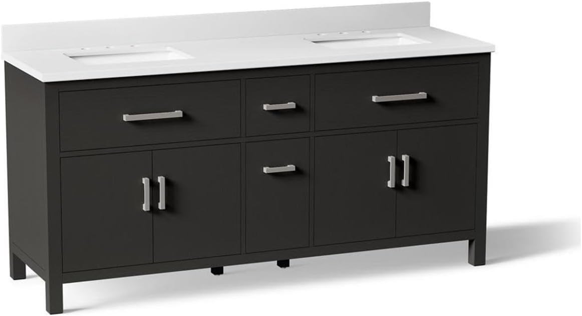 Kohler Kresla 72 Inch Bathroom Vanity Cabinet with White Double Sinks and Quartz Top, Modern Bathroom Storage, Black Oak