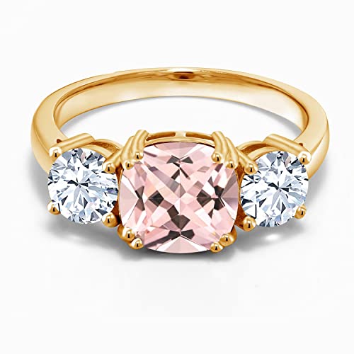 Gem Stone King 18K Yellow Gold Plated Silver Peach Nano Morganite 3 Stone Engagement Ring For Women (3.50 Cttw, Cushion 8MM, Available in Size 5,6,7,8,9)2