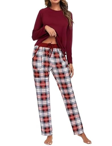 Uniexcosm Pijama Mujer Largo de Cuadros, Conjunto de Algodón 2 Piezas con Cuello Redondo y Bolsillo Suave para Hogar | Ya disponible en tu tienda friki favorita! En mundofriki.es!