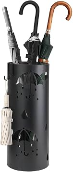 Umbrella Stand, Metal Umbrella Holder for Entryway with 2 Hooks,17 x 7 Inch | Black Round Umbrella Organizer Bin, Free Standing Umbrella Rack for Home Office Hotel Indoor and Supermarket, 17 x 7 Inch