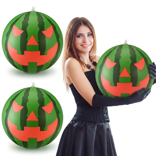 Jenaai 3 Pcs 16 Inch Large Summer Halloween Inflatable Watermelon Decoration Pool Float Watermelons Beach Balls Jack O Melon Face Watermelon Pool Balls Summer Halloween Party Favor Decoration