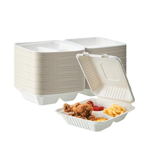Jialuxing - Recipientes de comida con tapa para llevar de 3 compartimentos, 100 % compostables, con tapas, desechables, bio-naturales, biodegradables, hechas de fibras de caña de azúcar