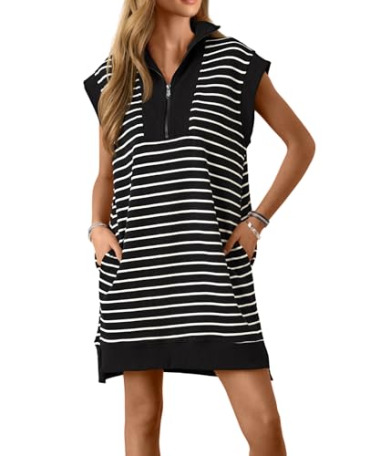 Image of Wenrine Womens Striped Mini Dress Casual Zipper Cap Sleeve Collared V Neck Loose Knit Summer Dresses
