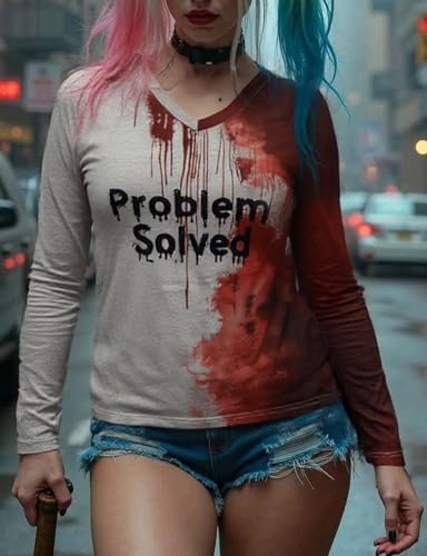 Women’s Oversize Long Sleeve Problem Solved Bloody Shirt – Funny V-Neck Halloween Top with Blood Stain Print2