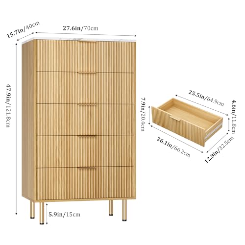 GarveeHome 5 Drawers Dresser for Bedroom, Fluted Dresser Chest of Drawers with Handle, Wood Modern Dressers for Closet, Bedroom Furniture Storage Organizer for Living Room, Hallway