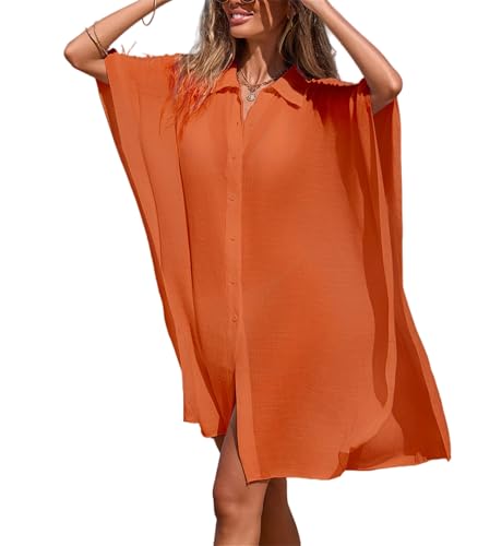 Traje de baño para mujer, vestido de camisa, vestido de traje de baño transparente con botones sueltos, manga corta, cuello, naranja, Altoa única