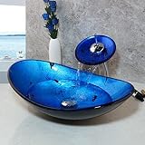 Bathroom Vanity Blue&Black Oval Tempered Glass Basin Bowl Vessel Sinks Waterfall Faucet Set Deck Mou