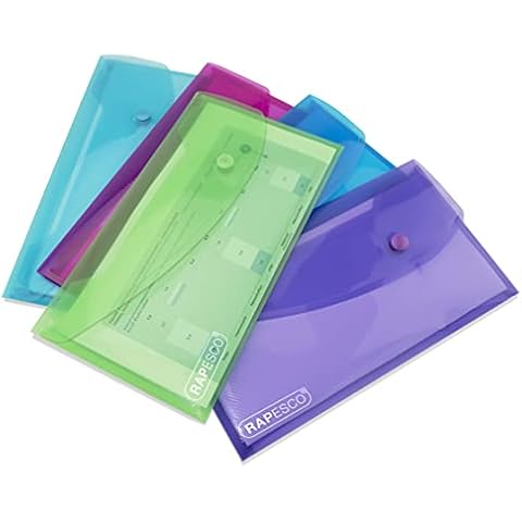 Rapesco 0690 Bright Transparent Popper Wallet, DL, Assorted Colours, Pack of 5 Cover
