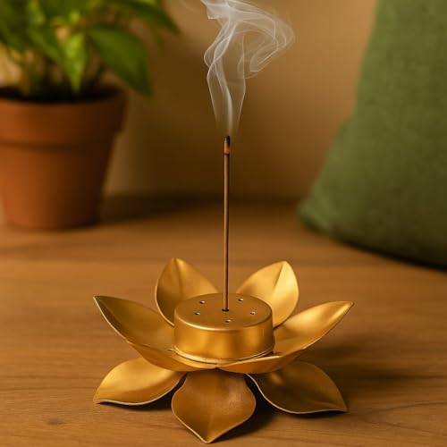 Image of SATYAM KRAFT 1 Pcs Lotus Flower Design Agarbatti Stand Incense Holder Ash Catcher Metal for Wedding Decorations Setup, Mandir, Pooja, Wedding & Spiritual Events, Insence Burner (Golden)
