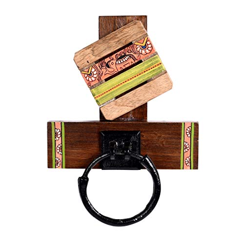 Image of Aakriti Art Creations Madhubani Art Wooden Towel Holder | Handcrafted Wooden | Matte Finish Natural Brown Wall Mounted Towel Holder for Bath & Wash Area
