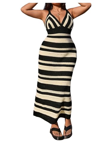 WDIRARA Women's Plus Size Striped Crochet Bodycon Dress V Neck Sleeveless Knit Maxi Dresses