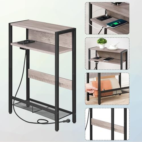 CHOEZON Mesa Auxiliar Estrecha, Mesita de Sofá con Base de Carga, Mesilla de Noche Estrecha, Mesita de Centro con 3 Niveles, Sala de Estar, Gris Envejecido DTBZ05CBH - imagen 5
