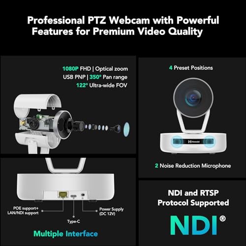NUROUM Conference Room Camera System, 5X Optical Zoom, Noise Cancellation, All-in-one Video Conferencing System, PTZ Webcam, Daisy Chained Bluetooth Conference Speakers for Larger Rooms - Thumbnail 4