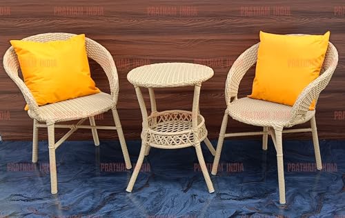 Image of PRATHAM India Outdoor 3 Pieces All Weather Wicker Patio Rattan Chair and Table Bistro Set with Powder Coated Iron Frame for Balcony, Garden, Poolside, Deck. (Honey +Yellow Pillow)