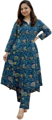 GRECIILOOKS Women's Cotton Blend Floral Regular Fit Kurta Set (GL-W1836_Blue_S)