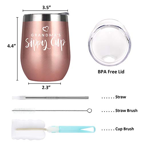 Gifts For Grandma Grandma's Sippy Cup Wine Tumbler With Lid, Birthday Mother's Day Gifts For Grandma Grandmother New Best Grandma Nana, 12 Oz Insulated Stainless Steel Tumbler With Straw, Rose Gold #TOP5