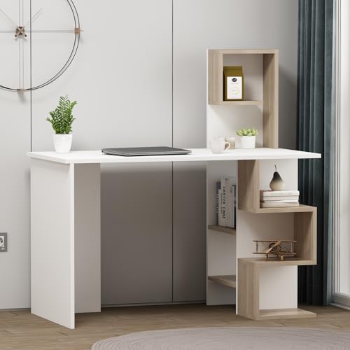 HOMIDEA DERONI Bureau - Table pour Ordinateur avec étagère en Un Design Moderne (Blanc/Avola) – vue 5
