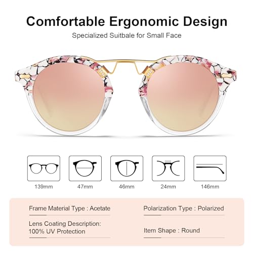 Image of CARFIA Small Face Acetate Polarized Sunglasses for Women UV Protection, Retro Double Bridge Eyewears Metal Brow Round Sunnies