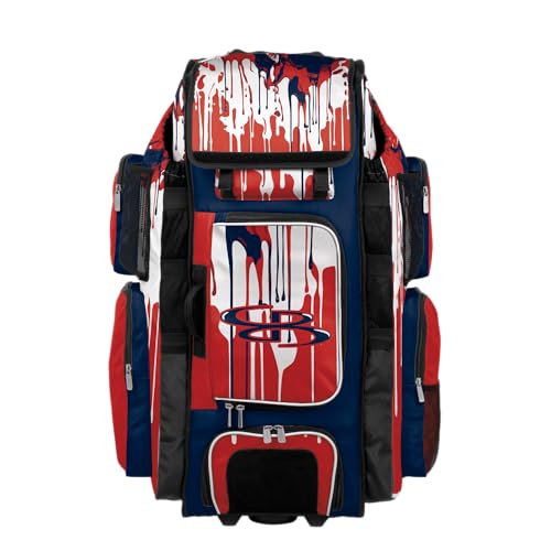 Boombah Superpack XL Rolling Bat Bag - Telescopic Handle - Holds 8 Bats - Wheeled Version - Graffiti Drip Navy/Red/White