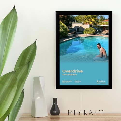 Image of BLINKART Post Malone- Overdrive Wall Photo Frames | Wall Art for Bedroom, Living Room, Studio or Office | Album Cover Print with Spotify Song Link QR Code | Gift for Fans - 8x12 In