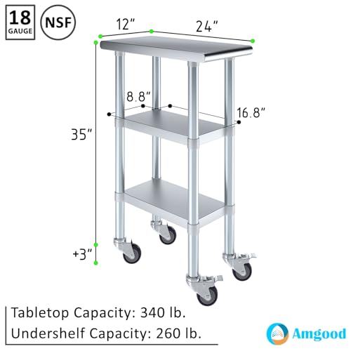 Image of AmGood Stainless Steel Work Table with 2 Shelves and Casters | Metal Utility Table On Wheels (Stainless Steel Work Table with 2 Shelves + Casters, 12 inch Long x 24 inch Deep)