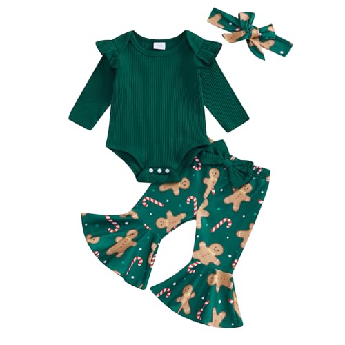 Image of Kaipiclos Newborn Baby Girl Christmas Outfit Solid Color Long Sleeve Romper Cute Print Flare Pants Headband 3PC Fall Clothes