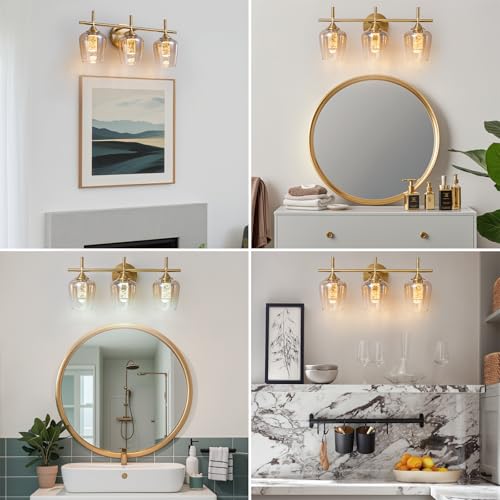 Image of foucasal 3 Light Brushed Gold Vanity Lights, Dimmable 5CCT Bathroom Light Fixtures with Gradient Glass Shades, Modern LED Vanity Lights for Over Mirror Bedroom Hallway