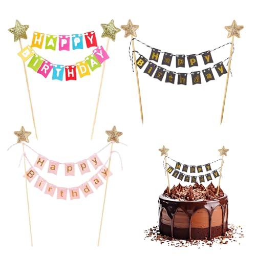 Sekfpnk Pack of 3 Happy Birthday Tortendeko, Wimpelketten Happy Birthday Tortenstecker Set, Geeignet zum Dekoration von Geburtstagstorten, Girlande Geburtstag