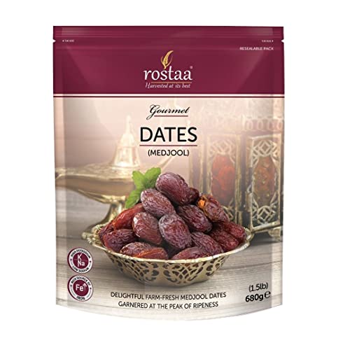 Image of Rostaa Medjool Premium Jumbo Dates Healthy & Nuturious snack,Natural Sweetener,Rich in Vitamins& Minerals Gluten Free Non-GMO & Vegan Omani Dates (680g) Each (Pack of 2) Black Dates, Gourmet Medjool dates, delightful, farm fresh Medjool dates and Khajur