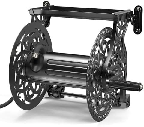 Relhost Garden Hose Reel, Hose Holder with Aluminum Frame, Never-Leak System, Easy Assembly, Hose Reel Wall Mount Holds 135 ft x 5/8 in Hose, Ideal for Backyards, Gardens（hose not include）