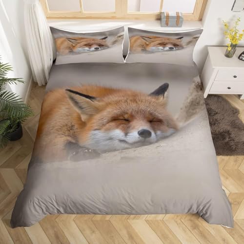 Funda Nordica Cama 105 Infantil Animales Zorro Funda Edredon 180x220 Gris 3D Fundas de Edredón Microfibra Suave Ropa de Cama de 3 Piezas con Cremallera y 2 Fundas de Almohada H-284