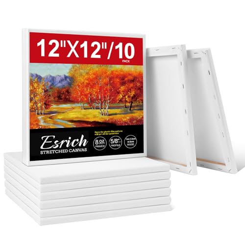 ESRICH Stretched Canvas for Painting 12 x 12 Inch 10 Pack Blank Canvas -5/8 Inch Profile Primed Cotton White Canvases for Painting for Oil & Acrylic Paint Art Canvases for Painting for Adult & Kids.