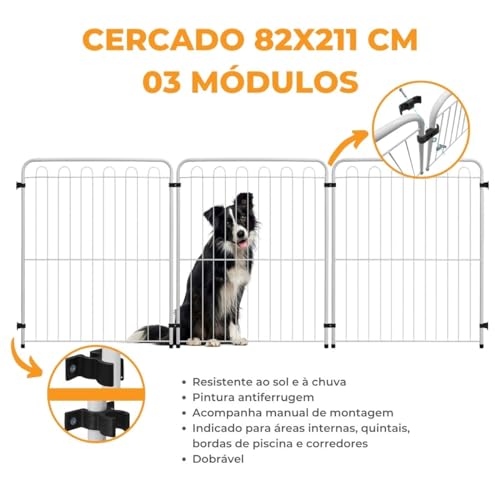 Cercado Cachorro Cães Pet Cercadinho 3 Modulos 211x82cm Cor:Branco