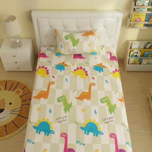 Image of Filymore Kids Dinosaur Bedsheet Single Bed | Cartoon Dino Print | 240 TC Microfiber | 90x60 inches | 1 Bedsheet + 1 Pillow Cover | Green & White