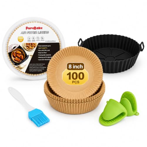 Image of PureBake Silicone Air Fryer Liner with 100pcs Air Fryer Paper Sheets, Oil Brush & Mittens, Disposable Parchment Paper, Reusable Liners for Airfryer & Microwave (Pack of 4 Combo)