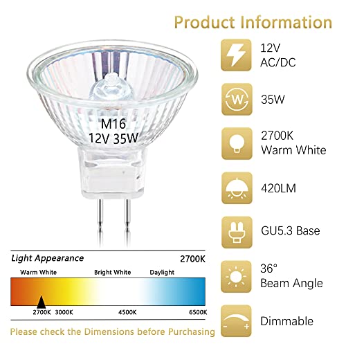 Mr16 Halogen Bulb 35W 12V 2-Pin Gu5.3 Base, 2700K Warm White Dimmable, Long-Life 35W Halogen Bulb 6 Packs, With Transparent Glass Cover, Suitable For Landscape Lights, Track Lights #TOP2